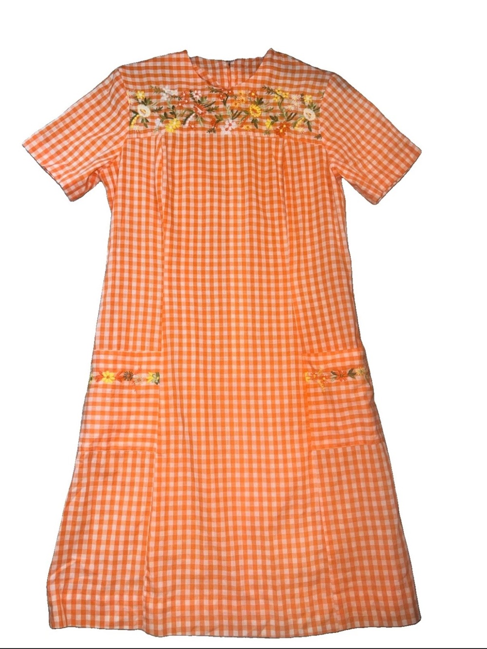 Vintage Sears 1960's house dress gingham orange/white with floral embroidery 6